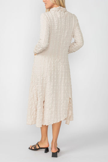Sand Mock Neck W/ Shirring Front Slit Uneven Hem 3/4 Sleeve Maxi Dress